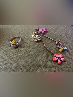 Betsey Johnson Pink & Yellow Floral Drop Earrings with Matching Ring